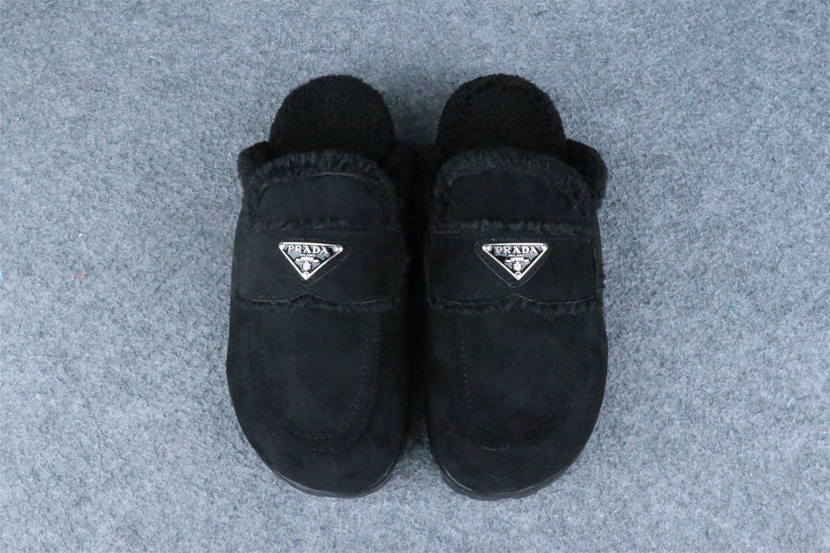 Prada Triangle Logo-Plaque Shearling Backless Loafer