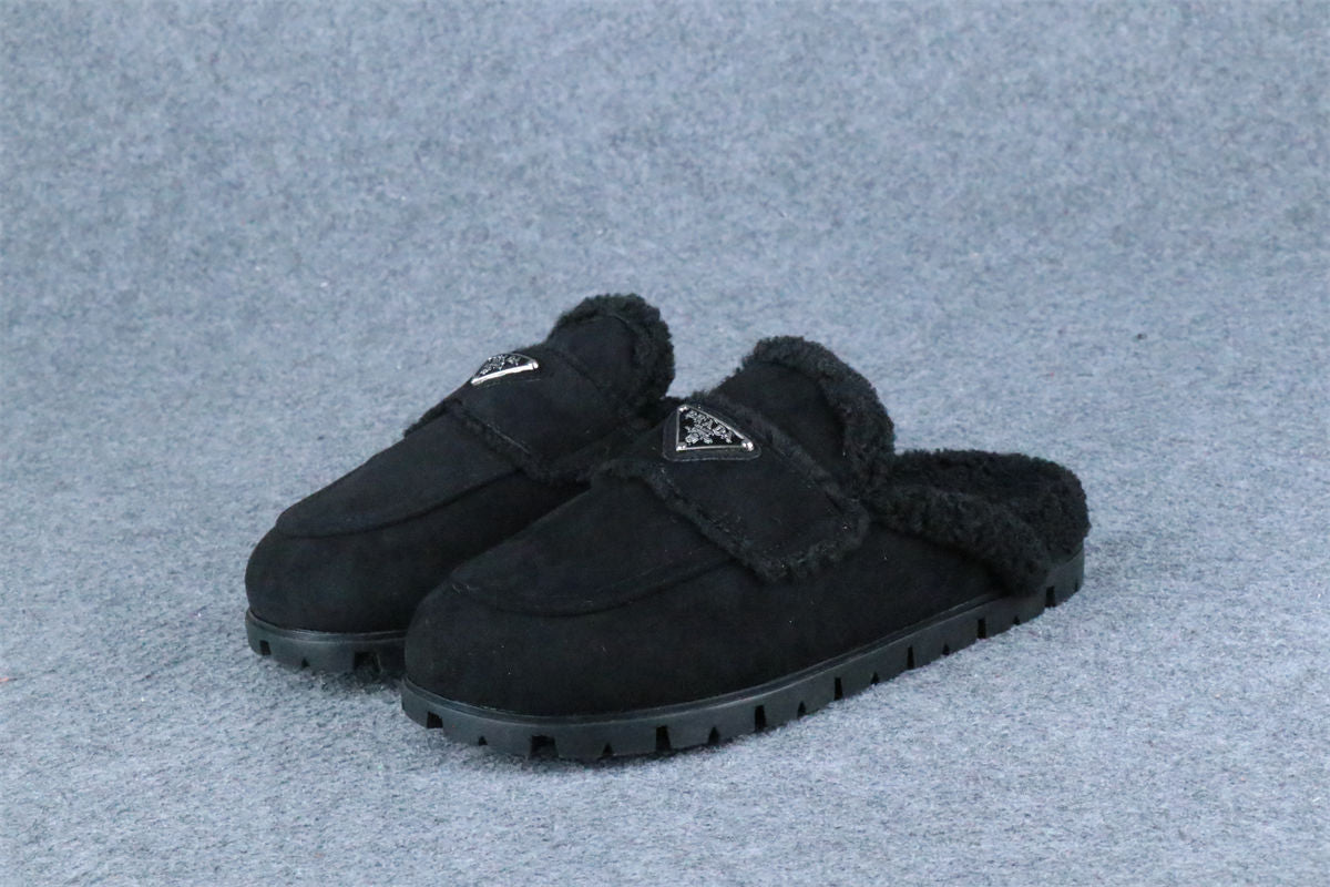 Prada Triangle Logo-Plaque Shearling Backless Loafer