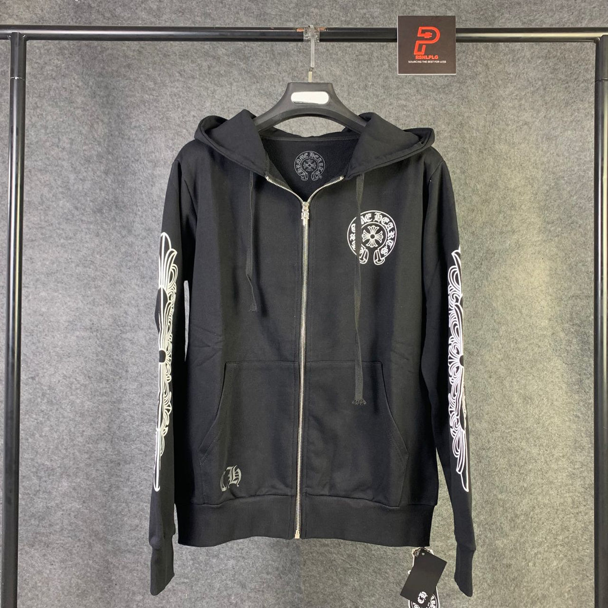 Chrome Hearts Las Vegas Horseshoe Floral Cross-Sleeve Zip Up Hoodie 'Black/White'