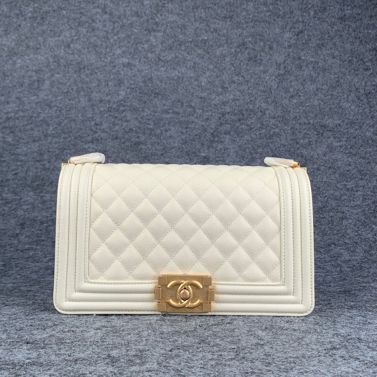 Chanel Boy Old Medium Flap Bag Off White Caviar Leather