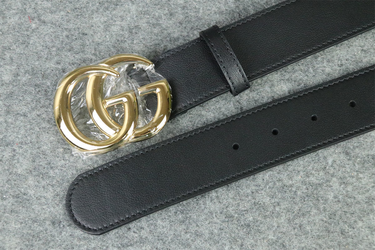 Double G Leather Belt with Antique Brass Buckle, 1” Width ‘Black’