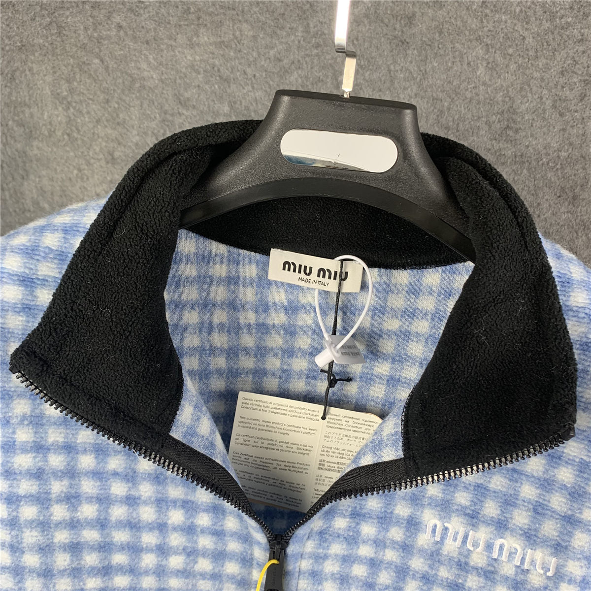 Miu Miu Gingham Check Fleece Jacket 'White Light Blue'