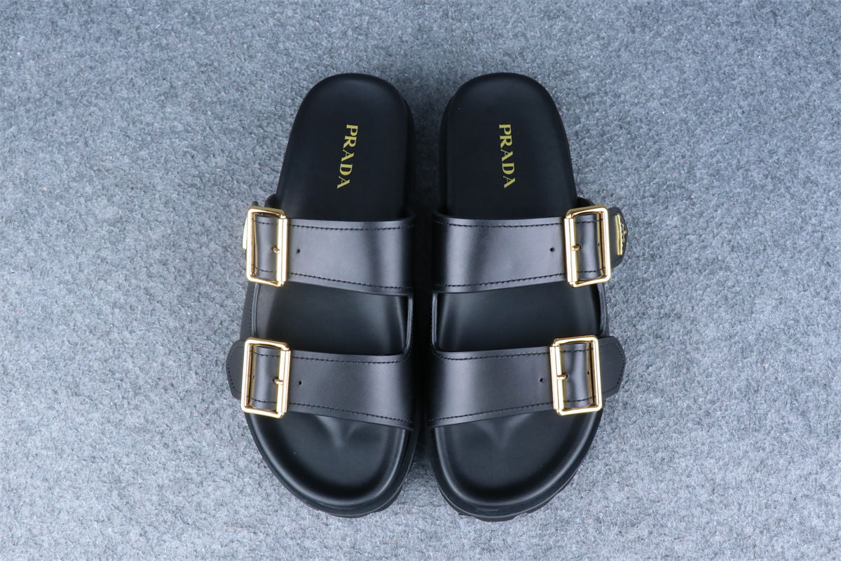 Prada Leather Dual-Buckle Slide Sandals